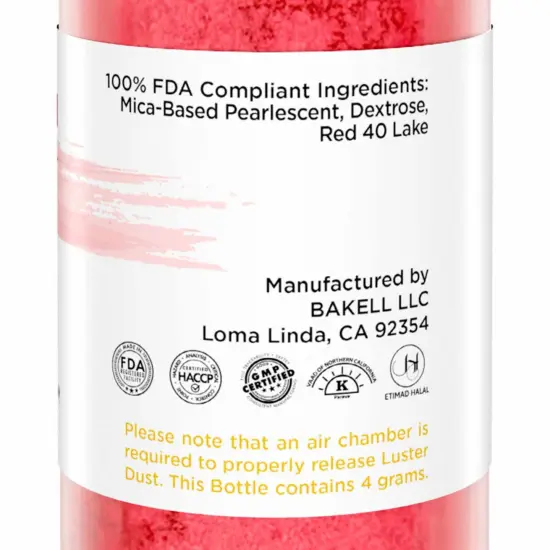 Bakell - Classic Red Luster Dust (4g, 1x Pump) Edible Vegan Dust & Paint for Baking, Desserts and Beverages {6}