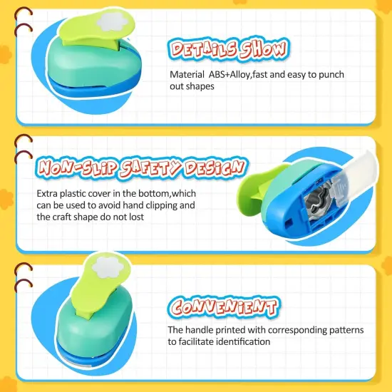 6 Pcs Colorful Craft Hole Punch with 30 Pcs Colorful Craft Sticker Paper Punch 1 Inch Paper Punchers Scrapbook Punches with Craft Sticker Paper, Flower, Round, Star, Square, Heart, Wave Circle Shape {4}