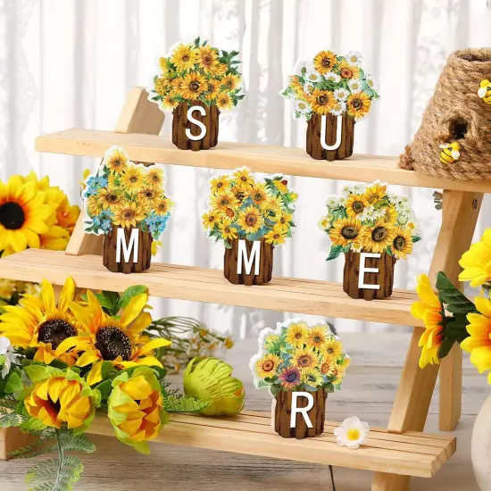 6 Pcs Sunflower Wooden Table Signs Decoration Summer Farmhouse Tiered Tray Decor Flowers Tabletop Centerpiece for Home Kitchen Shelf Decor Party Favor(Sunflower) {4}
