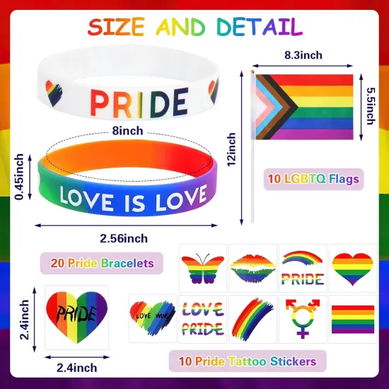 40 Pcs Pride Accessories, lgbtq Accessories Set Include Mini Rainbow Flag Temporary Tattoo Stickers Silicone Bracelets for Pride Gay Lesbian LGBTQ Parade Celebration Daily Wear {2}