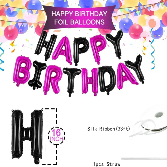 16 Inch Black & Hot Pink Happy Birthday Balloons Banner {2}