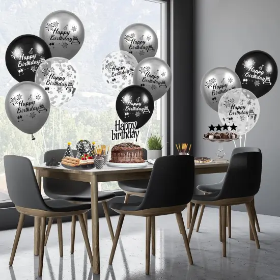 Black Silver Birthday Balloons Decorations 15pcs Happy Birthday Party Latex Confetti Balloons {5}