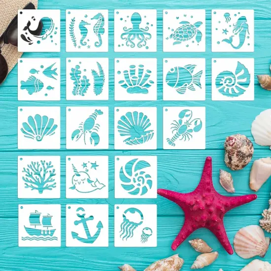 Summer Stencils for Painting, 20PCS 3 Inch Plastic Beach Stencils for Crafts Reusable, Small Stencils for Painting on Wood Canvas Rock, Funny Sea Life Stencils for Home Decor & DIY Projects {1}