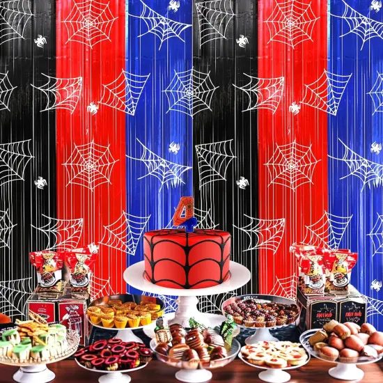 Spider Web Birthday Party Decoration Supplies, 2Pack Metallic Tinsel Foil Fringe Curtains 3.3x6.6ft, Red Blue Black Photo Booth Prop Backdrop Party Streamer, for Spider Birthday Party House Room Decor {5}