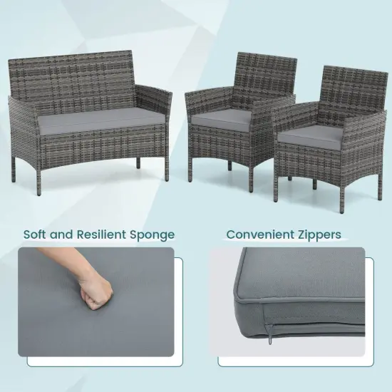 Costway 4 PCS Patio Furniture Set with Washable Cushions and Tempered Glass Coffee Table Gray {5}