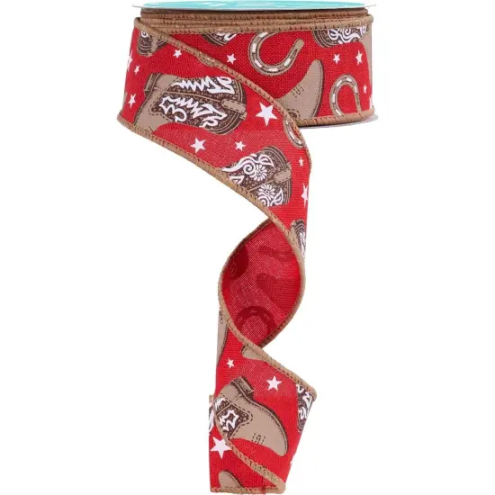 1.5" Cowboy Boots Ribbon: Red (10 Yards) {1}