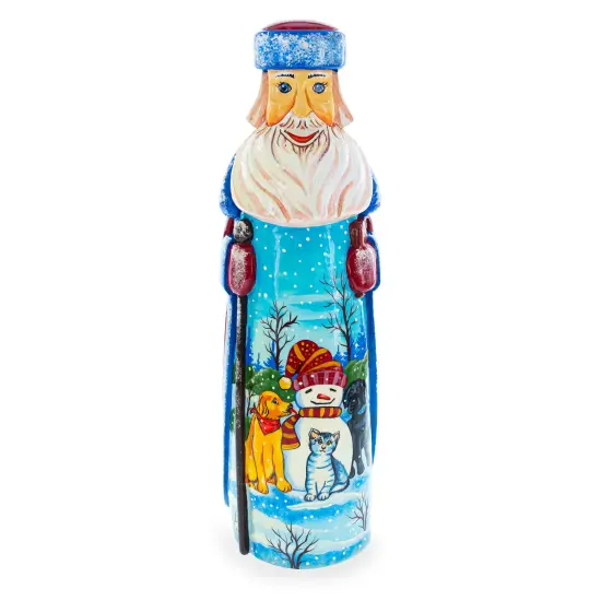 Snowman with Dog & Cat Friends Hand Carved Solid Wood Santa Figurine 11 Inches {1}