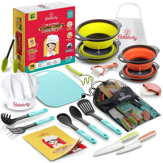 Baketivity Kids Cooking Set Real Utensils With Kitchen Tool Guide - Complete Junior Cooking Set Gift For Girls Or Boys With Mixing Bowls, Cutting Board, Knife, Apron - Kids Baking Set For Real Cooking {1}
