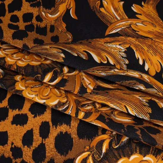 1 Yard Black Gold Floral Ornaments Animal Spots Italian Silk Charmeuse 53 inch {3}