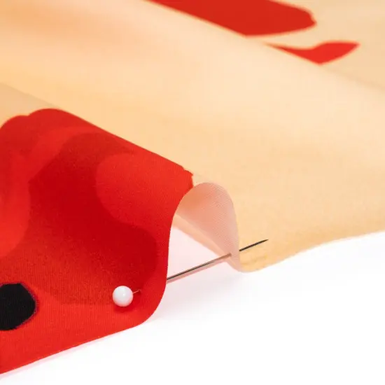 1 Yard Beige, Red and Black Poppy Stems Border Printed Silk Charmeuse Fabric 53 inch Width {2}