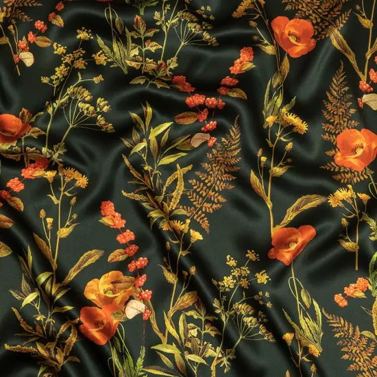 1 Yard Silk Charmeuse Botanical Print Italian Made Kombu Green, Red, Golden & Yellow 53 Wide Inches {1}