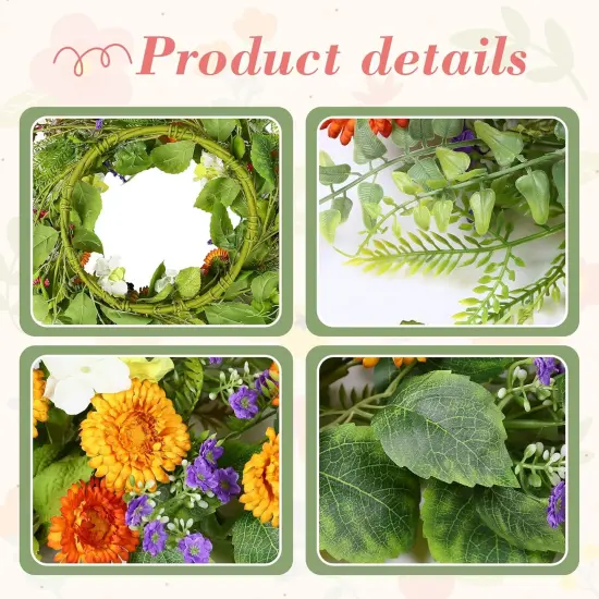 18" Summer Floral Wreaths for Front Door Summer Wreath with Daisy Flowers Green Tea Leaves, Artificial Floral Wreath Green Foliage Wreath for Wall Window Farmhouse Party Holiday Home Decor {4}