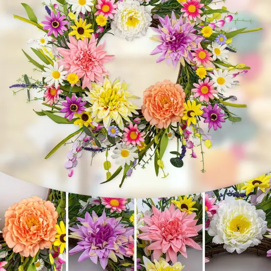 Artificial Summer Wreath 22 Inch Floral Wreaths for Front Door Summer Wreath with Dahlia Daisy Flowers for Indoor Porch Wall Holidays Easter Celebrations {4}