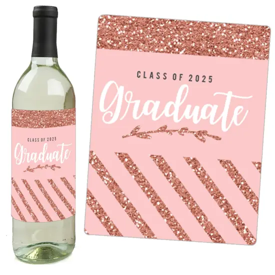 Big Dot of Happiness Rose Gold Grad - 2025 Graduation Party Decorations for Women and Men - Wine Bottle Label Stickers - Set of 4 {6}