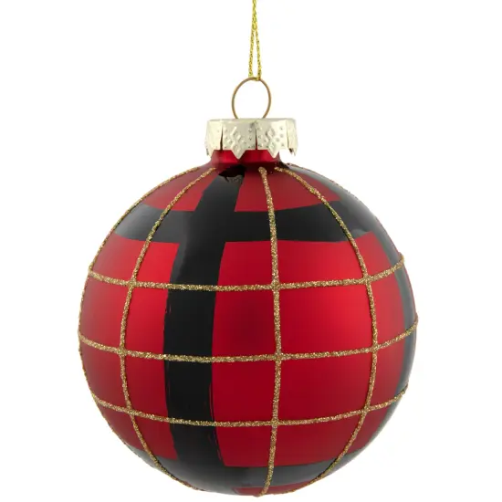 Northlight 4ct Red, Black and Gold Plaid Glass Ball Christmas Ornaments 3.25" {7}