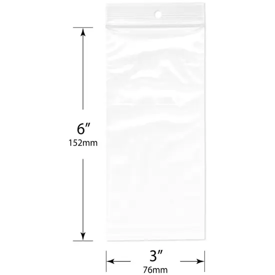 Plymor 3" x 6", 2 Mil with Hang-Hole Zipper Reclosable Plastic Bags {3}