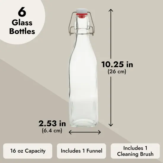 6 Pack 16 oz Glass Bottles with Swing Top Lids and Square Base, Includes Brush and Funnel for Homemade Brewing Clear {3}