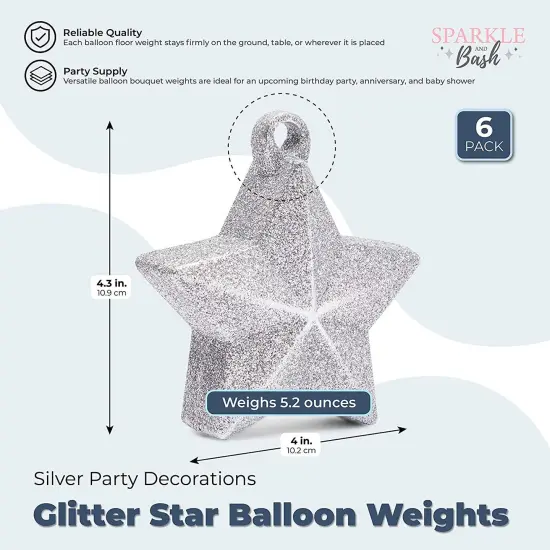 Glitter Star Balloon Weights, Silver Party Decorations, 5.2 oz (3.5(L)&ldquo;X1.75"(W) X 4"(H) inch, 6 Pack) {2}