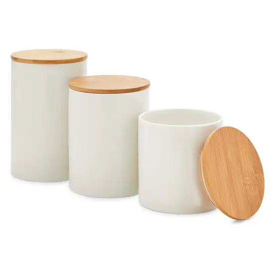 Farmlyn Creek Set of 3 White Ceramic Canisters with Airtight Wooden Bmaboo Lids, Kitchen Counter Containers, Food Storage Jars, Ideal for Storing Sugar, Coffee, Snacks and Other Dry Goods, (3 Sizes) {1}