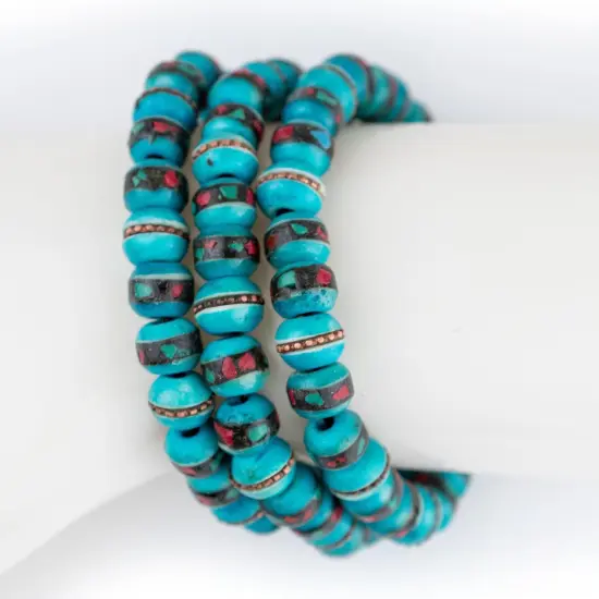 The Bead Chest Mala Stretch Bracelet, Turquoise Blue - Stackable Nepal Bone Inlaid with Turquoise & Coral Colors, 100% Authentic and Genuine {4}