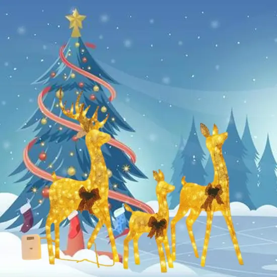 Three Deer Figures, Champagne Cotton Thread, Holiday Decoration 52" + 46" + 29" {3}