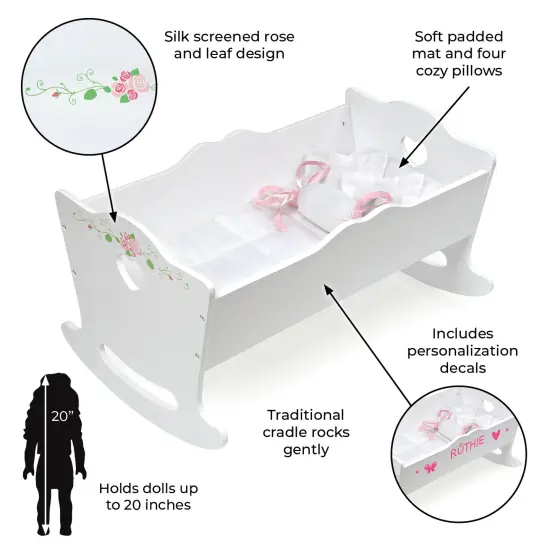 Badger Basket Doll Cradle with Bedding and Free Personalization Kit - White Rose {3}