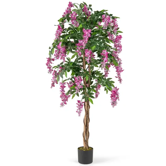 Rose Red Artificial Wisteria Tree with Real Wood Trunk and Cement Pot Perfect for Living Rooms or Bedrooms {1}