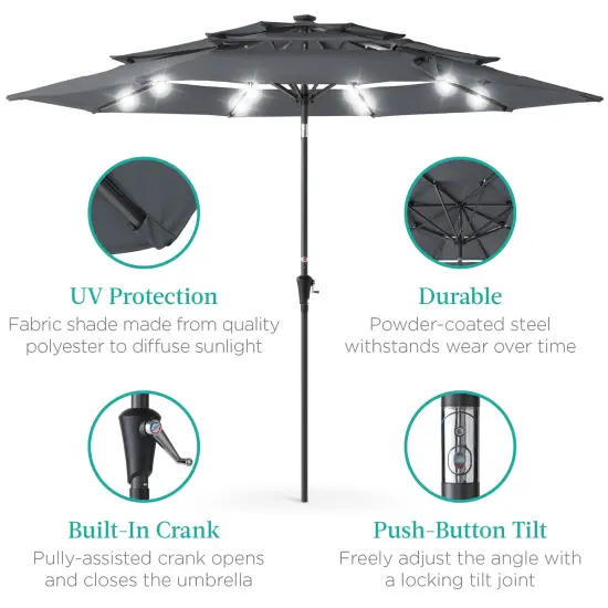 Best Choice Products 10ft 3-Tier Solar Patio Umbrella w/ 24 LED Lights, Tilt Adjustment, Easy Crank Slate {5}