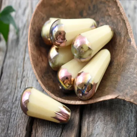 *6* 8x20mm Bronze Rainbow Tipped Opaque Beige Faceted Drop Beads {1}