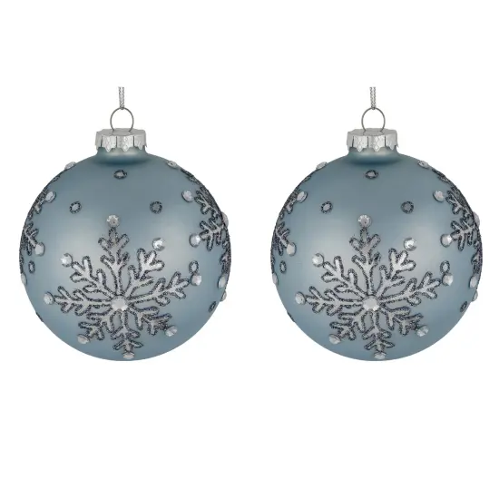 Northlight Mirror Glittered Snowflakes Christmas Glas Ball Ornaments - 4" - Steel Blue - Set of 2 {1}