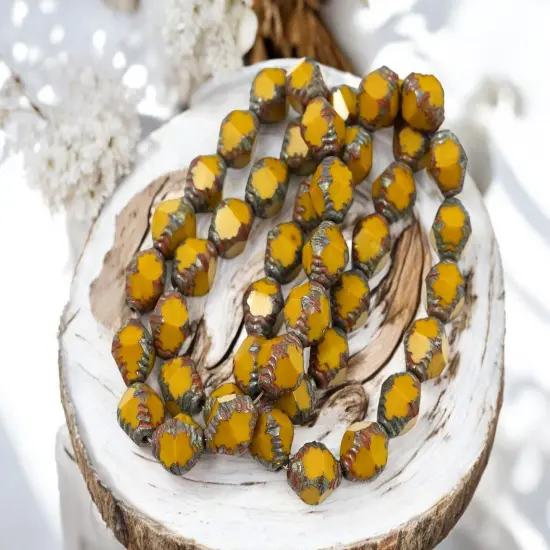 *15* 10x8mm Brown Washed Opaque Goldenrod Picasso Faceted Bicone Beads {4}