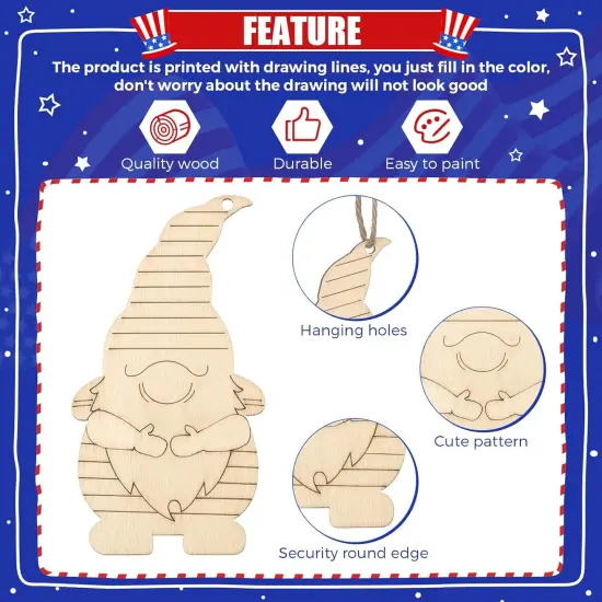 20 Sets 4th of July Unfinished Wooden Gnome Ornaments {4}