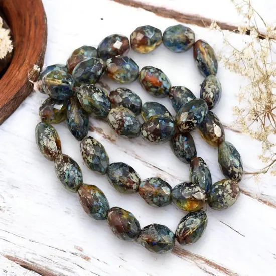 *12* 12x8mm Moss Amber Picasso Fire Polished Faceted Oval Beads {2}