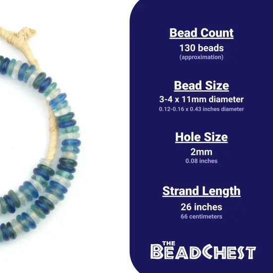 The Bead Chest African Disk Recycled Glass Beads - Full Strand of Eco-Friendly Ghanaian Rondelle Beads (Ocean Medley) {3}