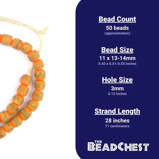 The Bead Chest African Kente Beads - Full Strand of Krobo Glass Beads (Tangerine Orange) {3}