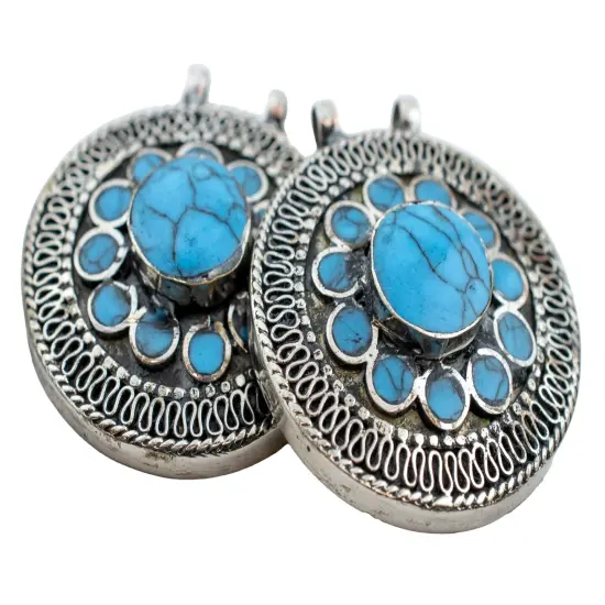 The Bead Chest Turquoise Blue Inlaid Afghan Silver Pendant Afghanistan White Metal Large Hole {2}