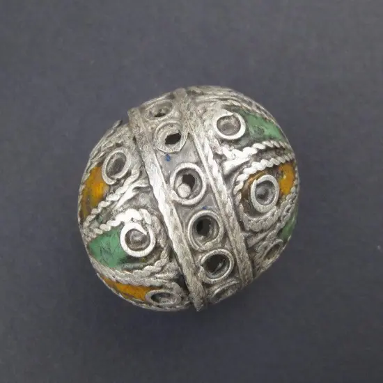 The Bead Chest Artisanal Enameled Round Silver Berber Bead 28mm Morocco African Oval White Metal Handmade {3}