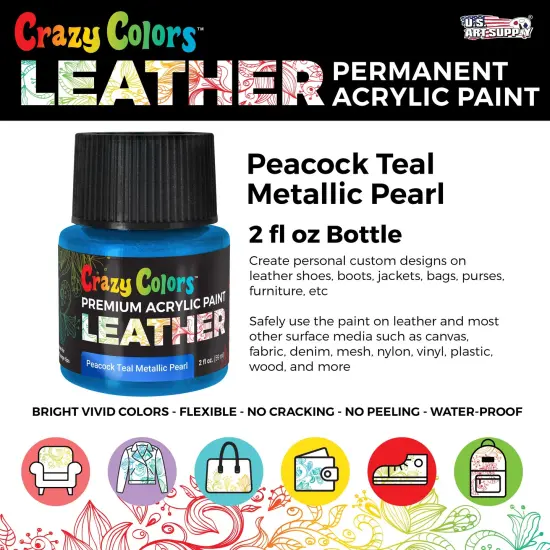 Peacock Teal Metallic Pearl Premium Acrylic Leather and Shoe Paint, 2 oz Bottle - Flexible, Crack, Scratch, Peel Resistant - Artist Create Custom Sneakers, Jackets, Bags, Purses {2}