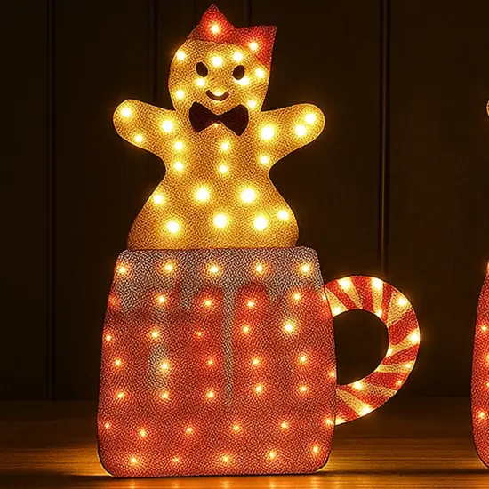 Set of Two Light Up Gingerbread Men in Holiday Mugs Christmas Decoration 40" & 42" Tall {2}