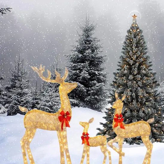 Twisted Champagne Rattan Reindeer Family for Indoor and Outdoor Holiday Use 63" + 52" + 37" {3}