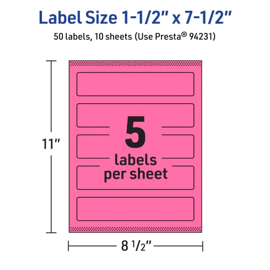Avery Bright Pink Paper Labels, 1.5" x 7.5" Rectangle {5}