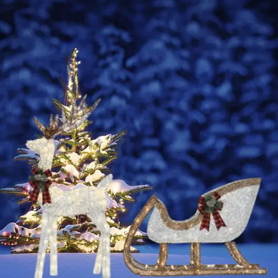 Silver Thread Deer & Sleigh Set 48" Deer, 38" Sleigh, Lighted Christmas Decor {4}