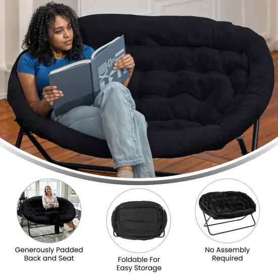 Emma and Oliver Janey Folding Double Saucer Chair with Steel Frame for Dorm, Living Room, or Bedroom BlackFabric/Black {3}