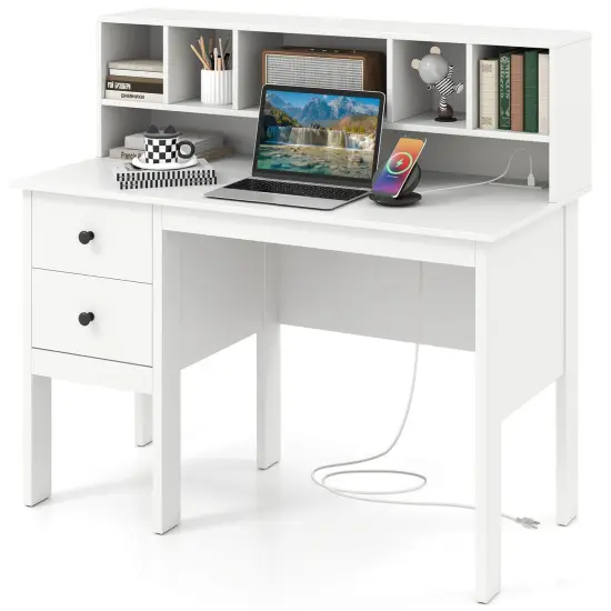 Costway 48" Computer Desk with Power Outlets Type-C 5-Cubby Hutch & 2 Storage Drawers Black/White {8}