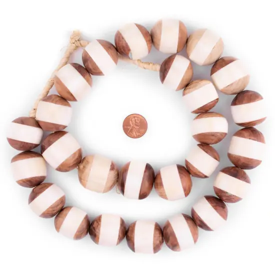 The Bead Chest Inlaid Wood and Bone Tanzanian Sphere Beads 24mm African Multicolor Round Large Hole 30 Inch Strand Handmade {2}