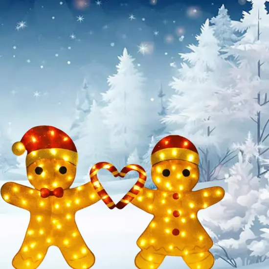 Whimsical Light Up Gingerbread Man Couple Holding a Heart-Shaped Candy Cane 32"H {5}
