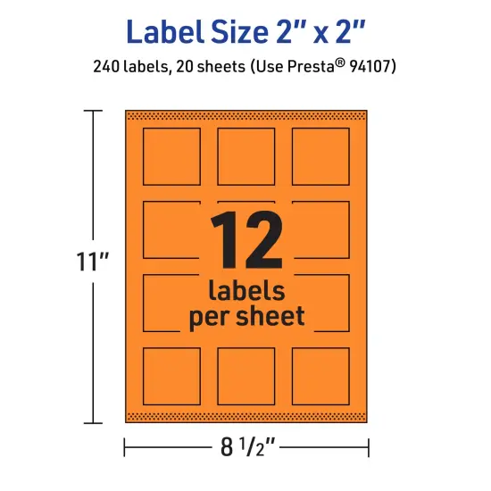 Avery Bright Orange Paper Labels, 2" x 2" Square {5}