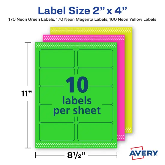 Avery 2"x 4" Neon Shipping Labels with Sure Feedfor Laser Printers, Assorted: Green, Pink, Yellow Labels, 500 Neon Labels (5956) {4}