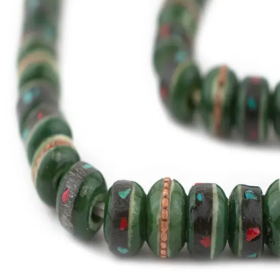 The Bead Chest Green Vintage Inlaid Bone Prayer Beads (8mm) {1}