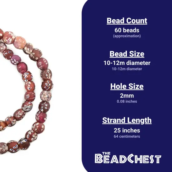 The Bead Chest Antique Venetian Flower White Heart Beads 11mm Ethiopia African Red Round Glass Large Hole 25 Inch Strand Handmade {5}